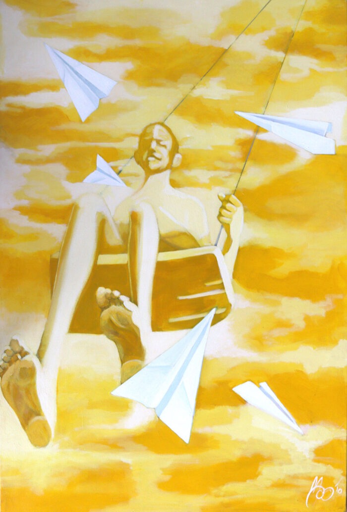 Vlucht 1407. Acryl op doek 100b/150h