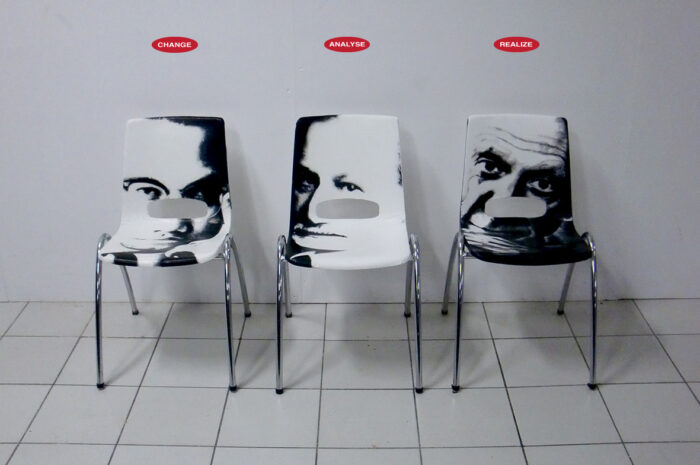 Chairmen: Change, Analyse and Realize. Mixed media: print, stoel, verf, lijm.