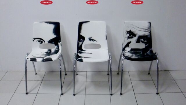 Chairmen: Change, Analyse and Realize. Mixed media: print, stoel, verf, lijm.